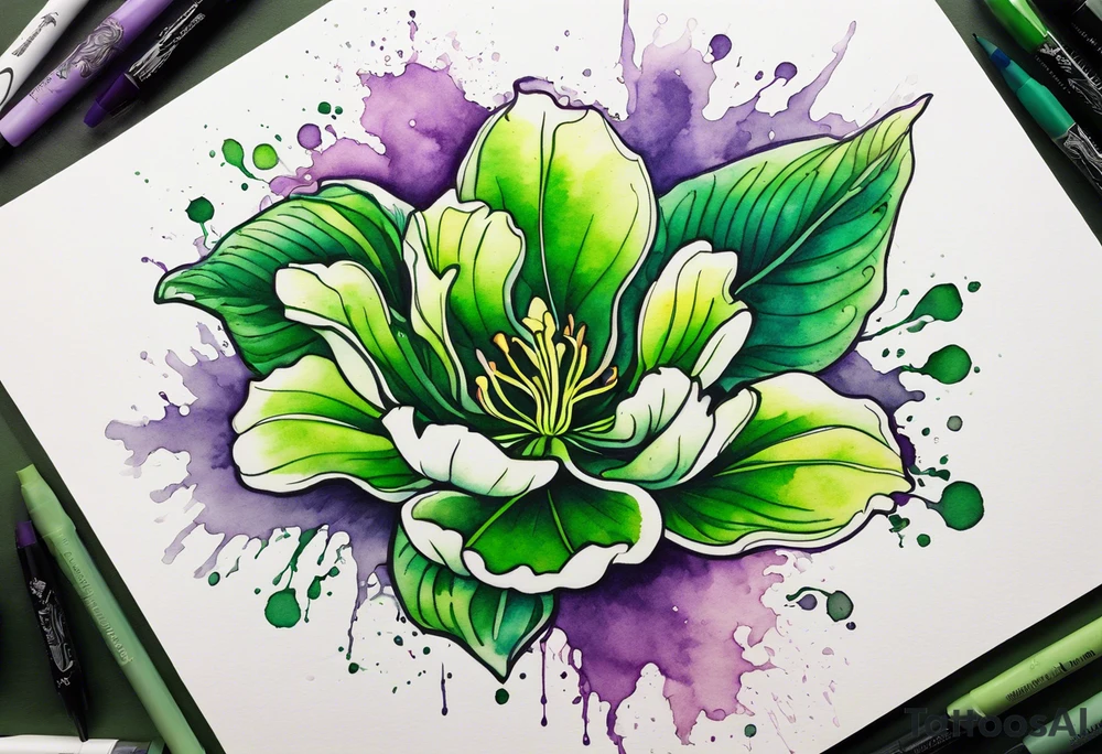 An outline of an only green rio dipladenia flower and a green/purple watercolor splash in the background tattoo idea