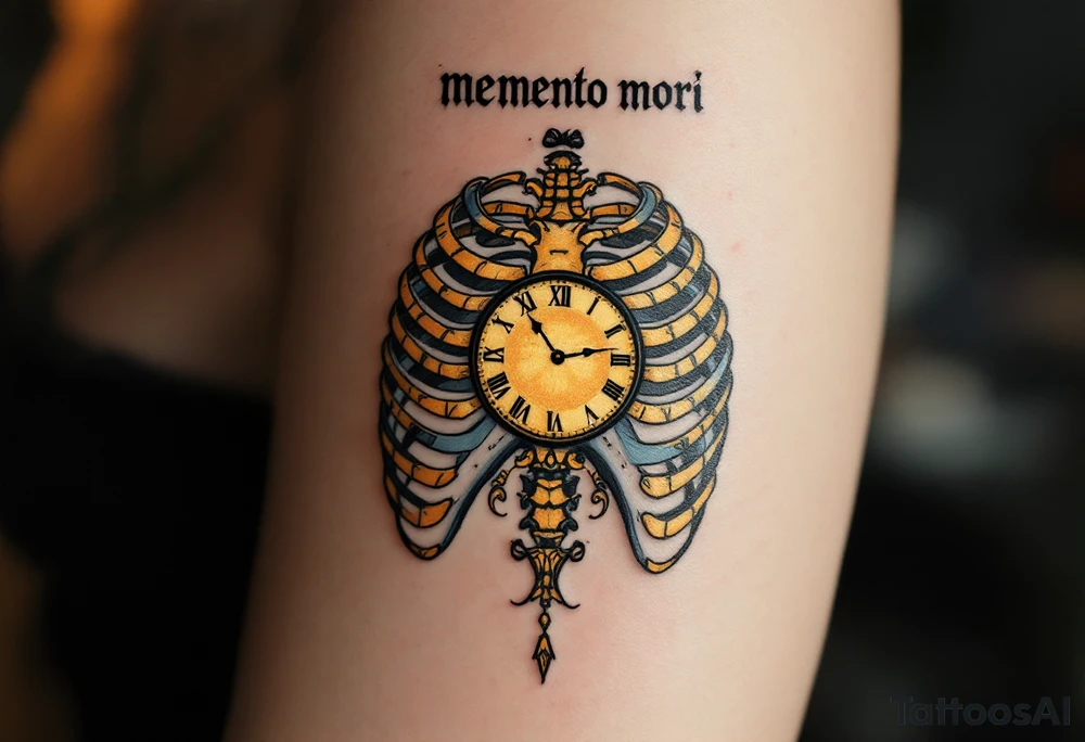 A detailed ribcage split open to reveal a golden clock, "memento mori" in bold black Roman script above. tattoo idea