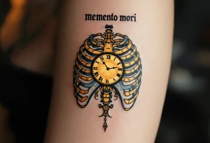 A detailed ribcage split open to reveal a golden clock, "memento mori" in bold black Roman script above. tattoo idea