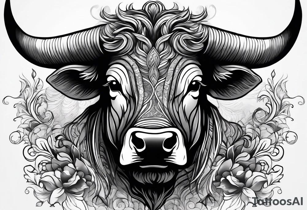 Large bull with horns busting through crowd of people tattoo idea