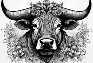 Large bull with horns busting through crowd of people tattoo idea