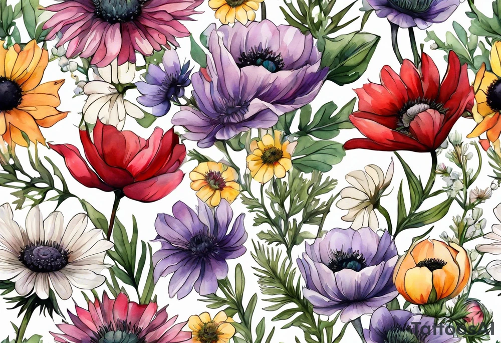 wildflowers with thistles, ferns, ranuculus, white anemones with black center, sun flowers, red flowers, pink flowers, purple flowers, buttercups, babys breath, daisies, and greenery all in watercolor tattoo idea