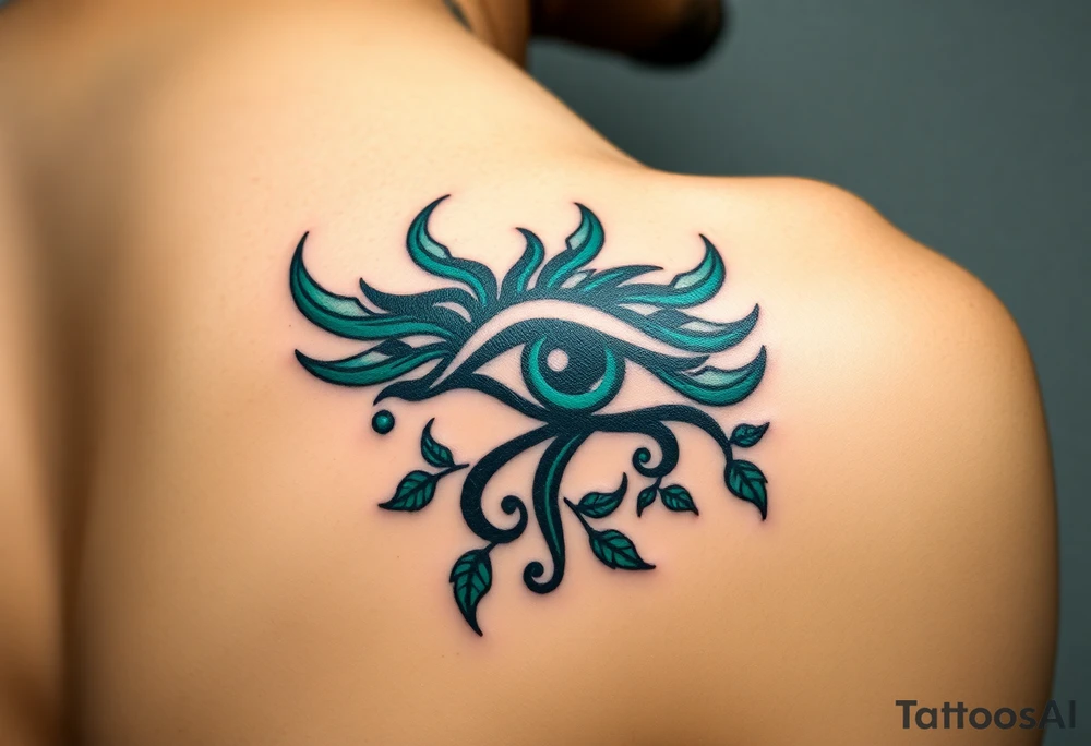 A deep emerald green Eye of Horus, with vines and small leaves wrapping around, symbolizing growth and protection tattoo idea