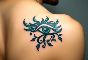 A deep emerald green Eye of Horus, with vines and small leaves wrapping around, symbolizing growth and protection tattoo idea