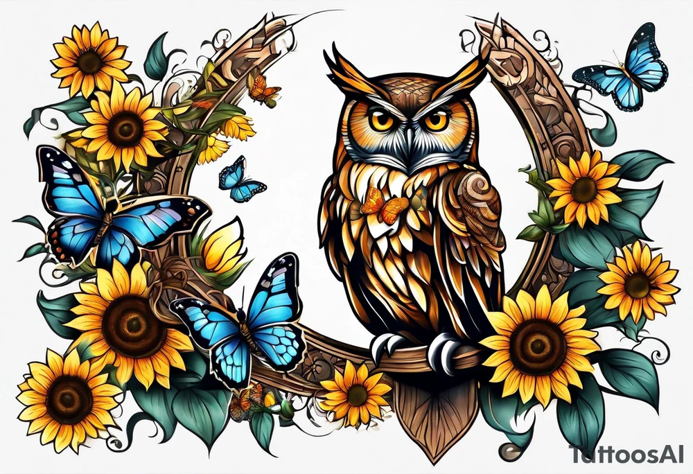 An owl with a Butterfly sitting on a sunflower i tattoo idea