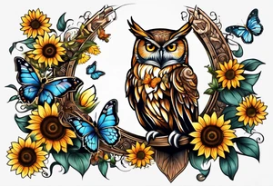 An owl with a Butterfly sitting on a sunflower i tattoo idea