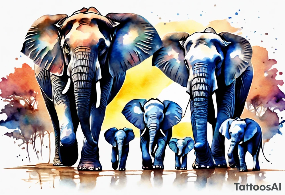 Family of six elephants walking in sunrise tattoo idea