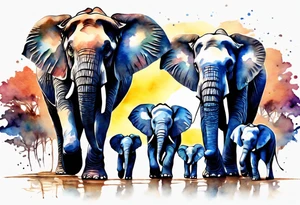 Family of six elephants walking in sunrise tattoo idea