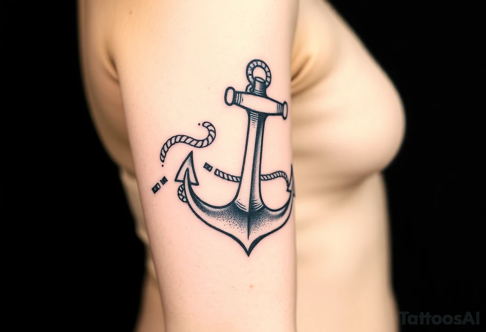 weathered anchor wrapped in nautical rope with sea waves tattoo idea