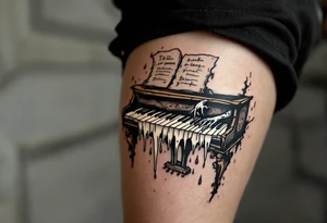 Tim Burton’s crooked piano plays on its own, with ghostly fingers and melting keys in black and ivory. tattoo idea