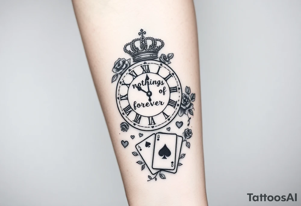 Roman clock with roses and a crown,  a quote that says nothings forever. and on the bottom a deck of cards gangster chicano style tattoo idea