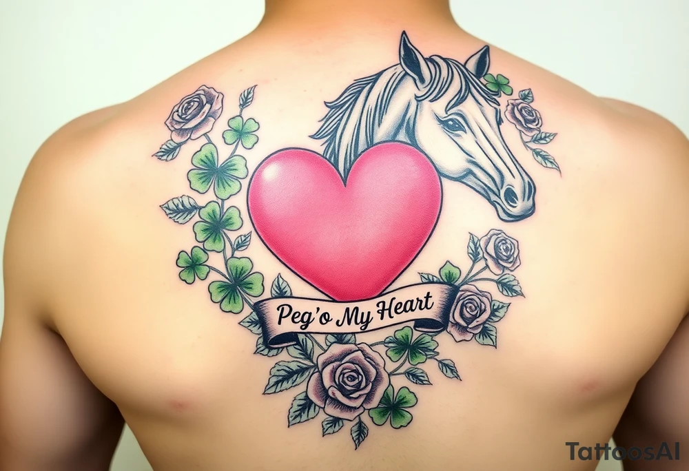 A lot of green shamrocks & red roses, horse with a big Pink heart and a banner across the heart that says Peg 'o My Heart tattoo idea