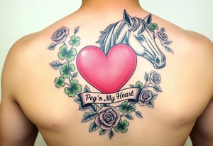 A lot of green shamrocks & red roses, horse with a big Pink heart and a banner across the heart that says Peg 'o My Heart tattoo idea