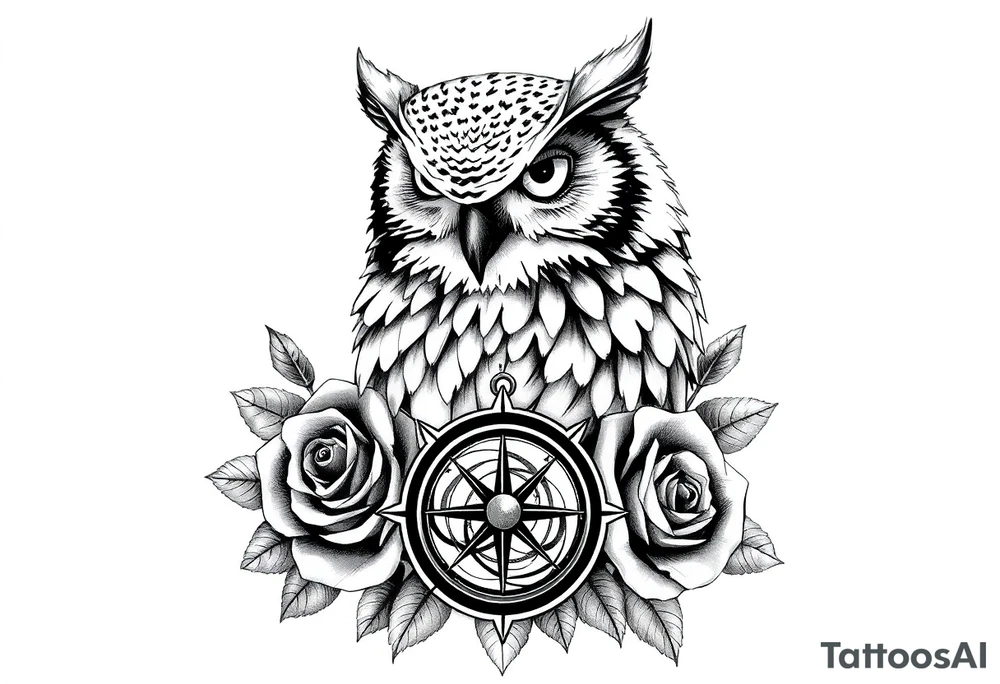 an owl,compass,roses, tattoo idea