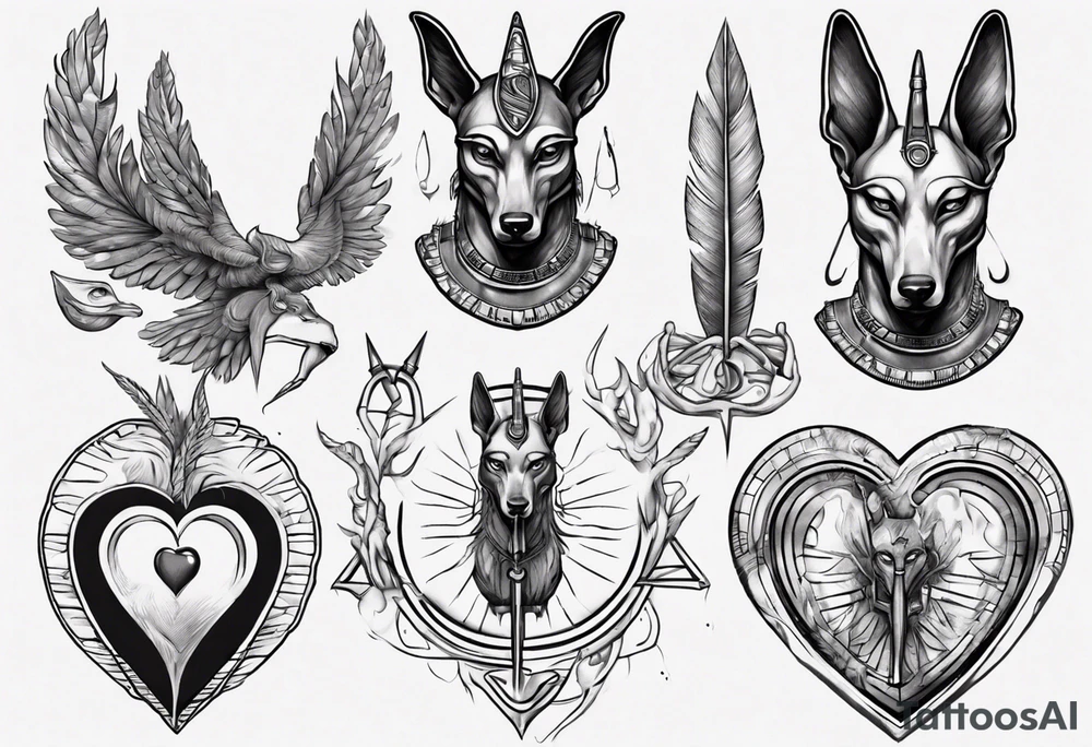 heart and feather on scales anubis weighing of the souls tattoo idea