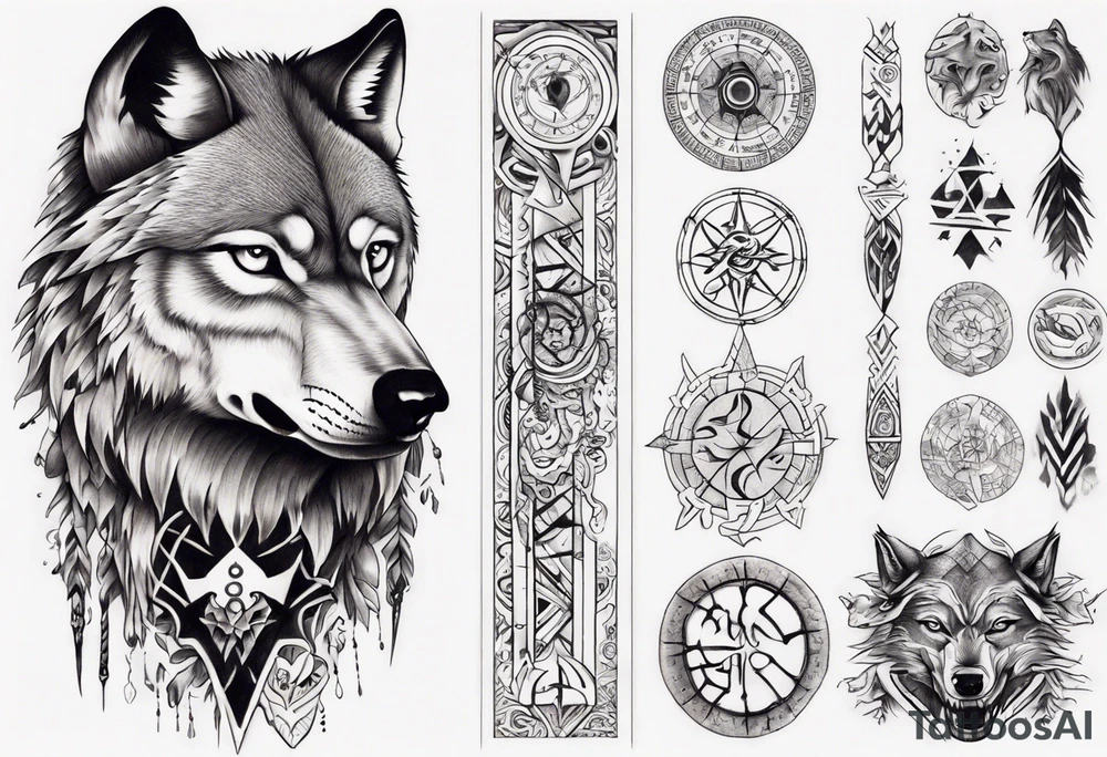 want a half sleeve on my left forearm featuring a side profile of wolf with a vegvisir for its eye, surrounded by Māori patterns tattoo idea