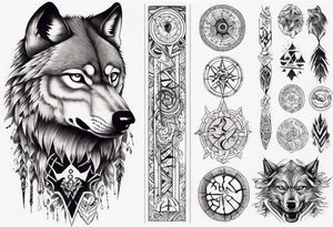 want a half sleeve on my left forearm featuring a side profile of wolf with a vegvisir for its eye, surrounded by Māori patterns tattoo idea
