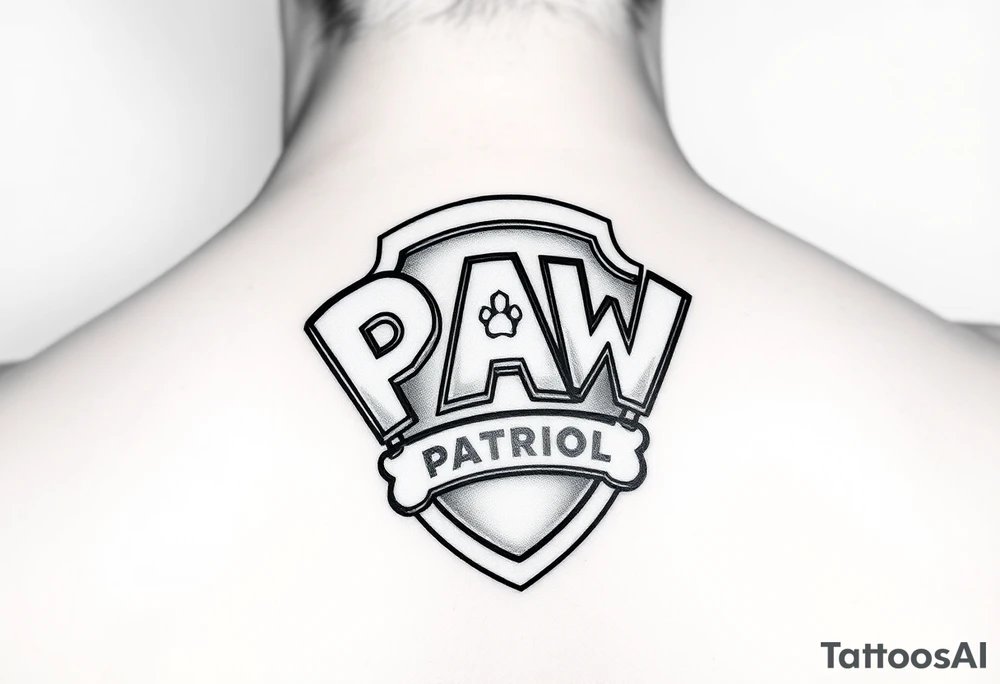 Paw patrol badge with letters  K M C wrapped stacked offset around it tattoo idea
