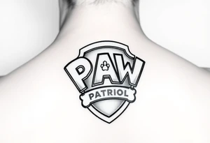 Paw patrol badge with letters  K M C wrapped stacked offset around it tattoo idea