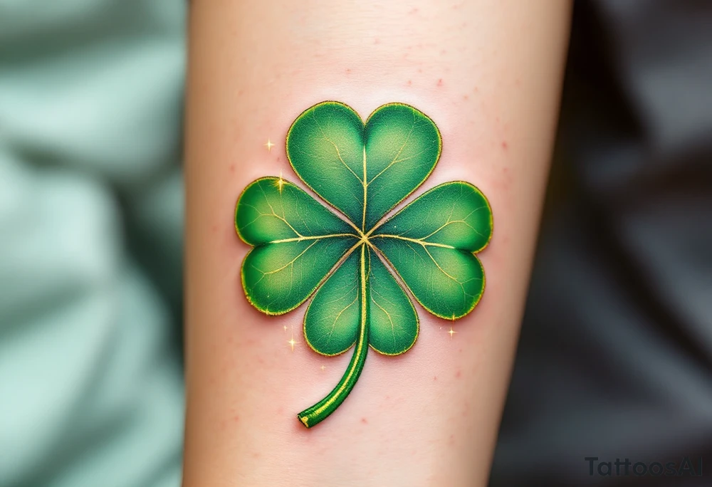 A golden rune is elegantly intertwined with a vibrant green four-leaf clover, symbolizing both luck and love. The clover's leaves have delicate golden veins, and a soft emerald aura surrounds the entire design. Tiny sparkles of light add a mystical touch, representing fate and serendipitous love. The rune sits at the heart of the clover, blending destiny and devotion into a single powerful symbol. tattoo idea