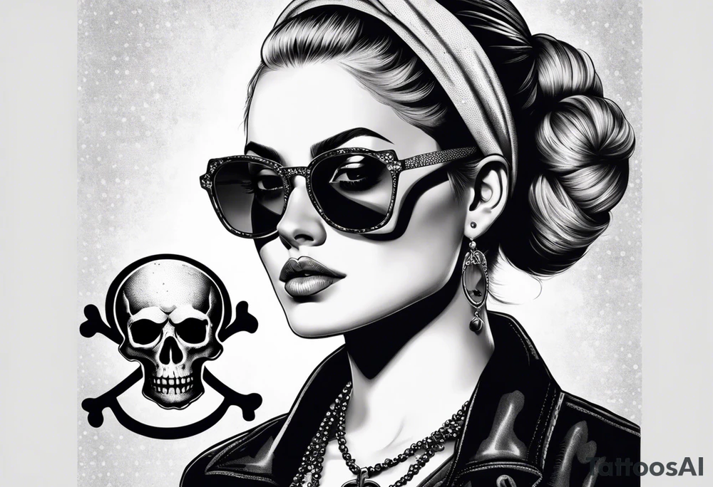 pirate flag with a female skull wearing glasses with two blonde buns and crossbones underneath, no hat tattoo idea
