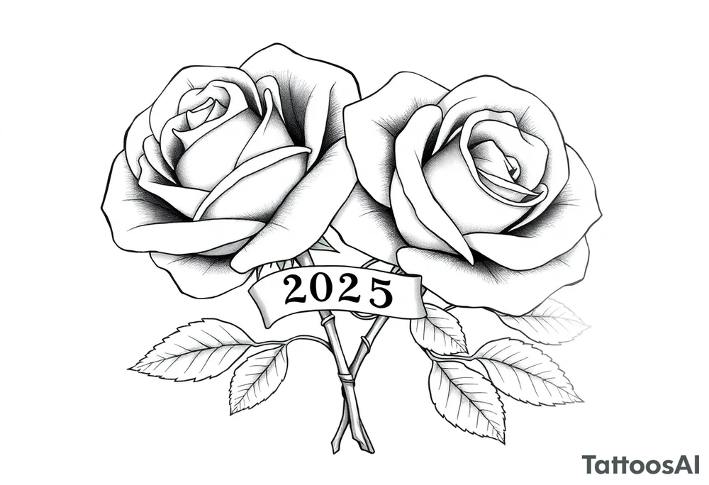 two big beautiful roses with leaves and with their stems intertwined, with a small banner with the year "2025" on it, tying them together.  Add the following word "Rose" written in Kanji above the drawing tattoo idea
