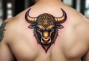 Gladiator Bull – Strong bull with armor helm over its forehead, fur in burnished bronze and dusty brown, and war paint streaked across the eyes. tattoo idea