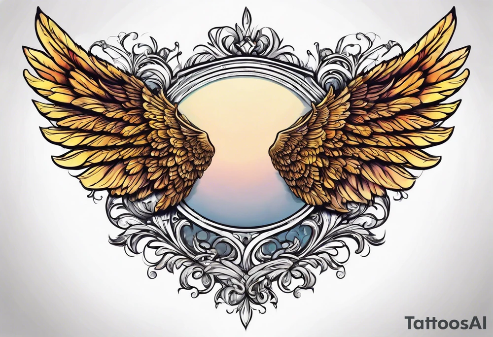 beautiful angel wings. with flilgree in the background tattoo idea