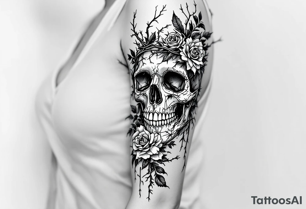 ornate skull adorned with crown of wild roses and thorns tattoo idea