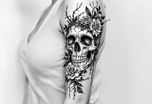 ornate skull adorned with crown of wild roses and thorns tattoo idea