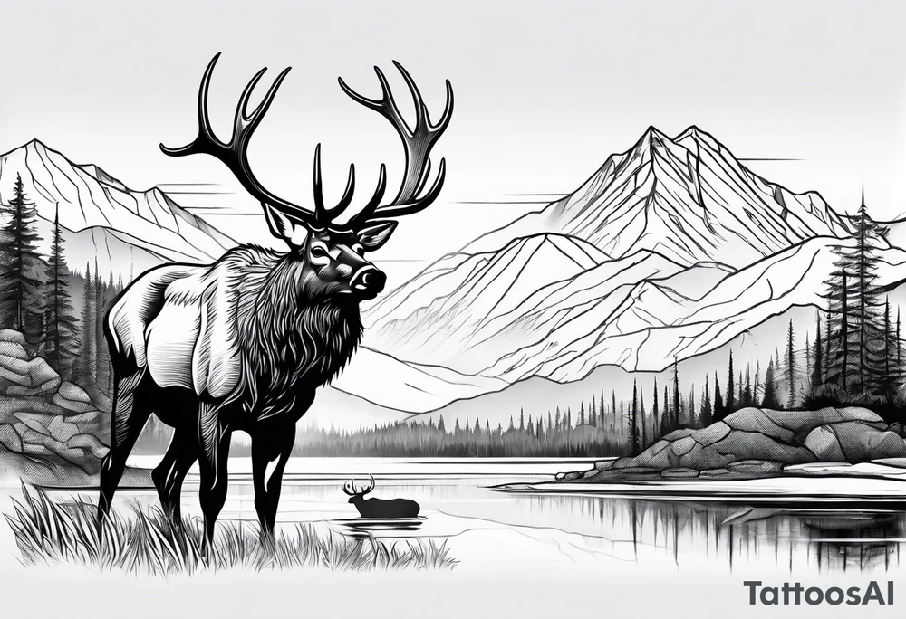 elk with mountains and lake tattoo idea