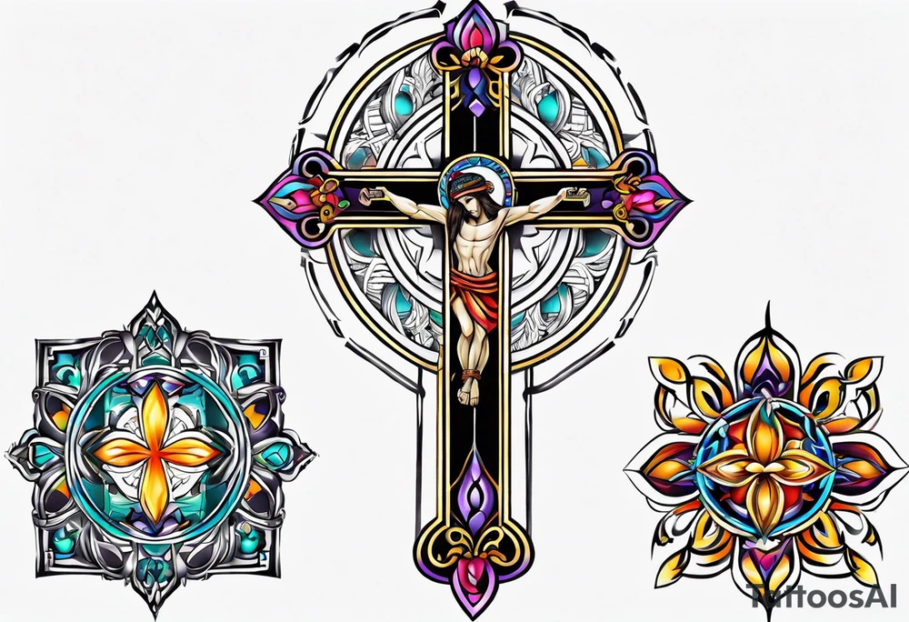 Colourful tribal crucifix tattoo idea