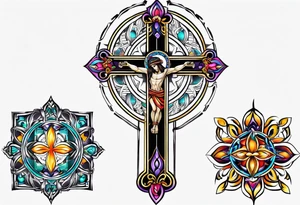 Colourful tribal crucifix tattoo idea