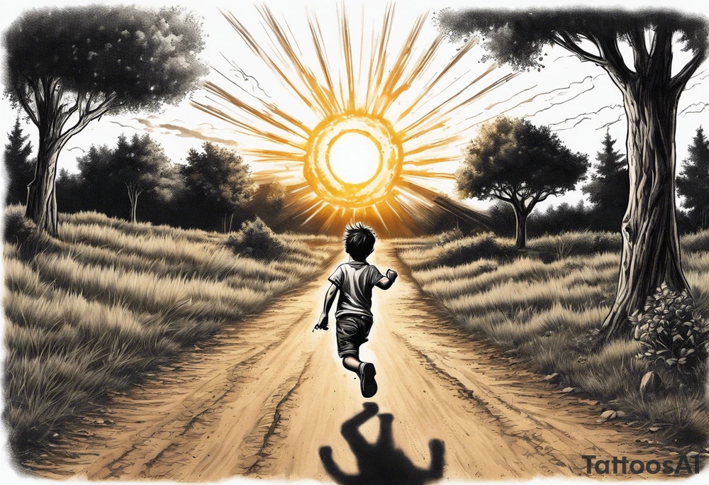 a male child running on a dirt road,
the child is running away towards a sun that is being hugged by a hammer,
on the left side of the dirt road pointing at the child ak47 and rpg
on the right side there are trees,
under the sun clouds form the date 07.10.2023 tattoo idea