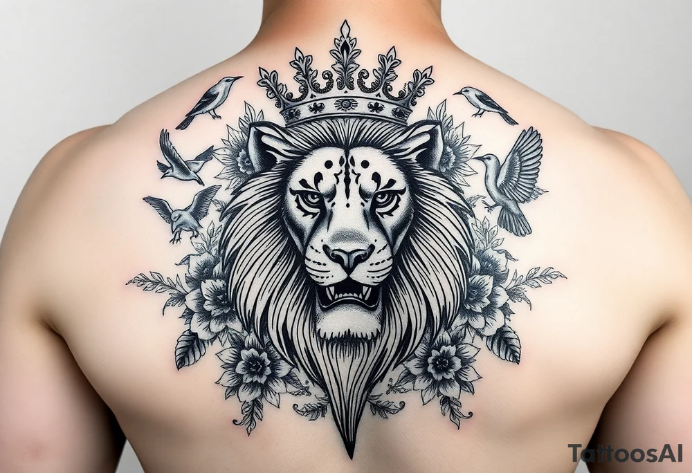 powerful majestic lion with a crown, surrounded by floral ornaments and birds tattoo idea