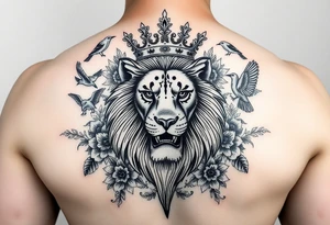 powerful majestic lion with a crown, surrounded by floral ornaments and birds tattoo idea