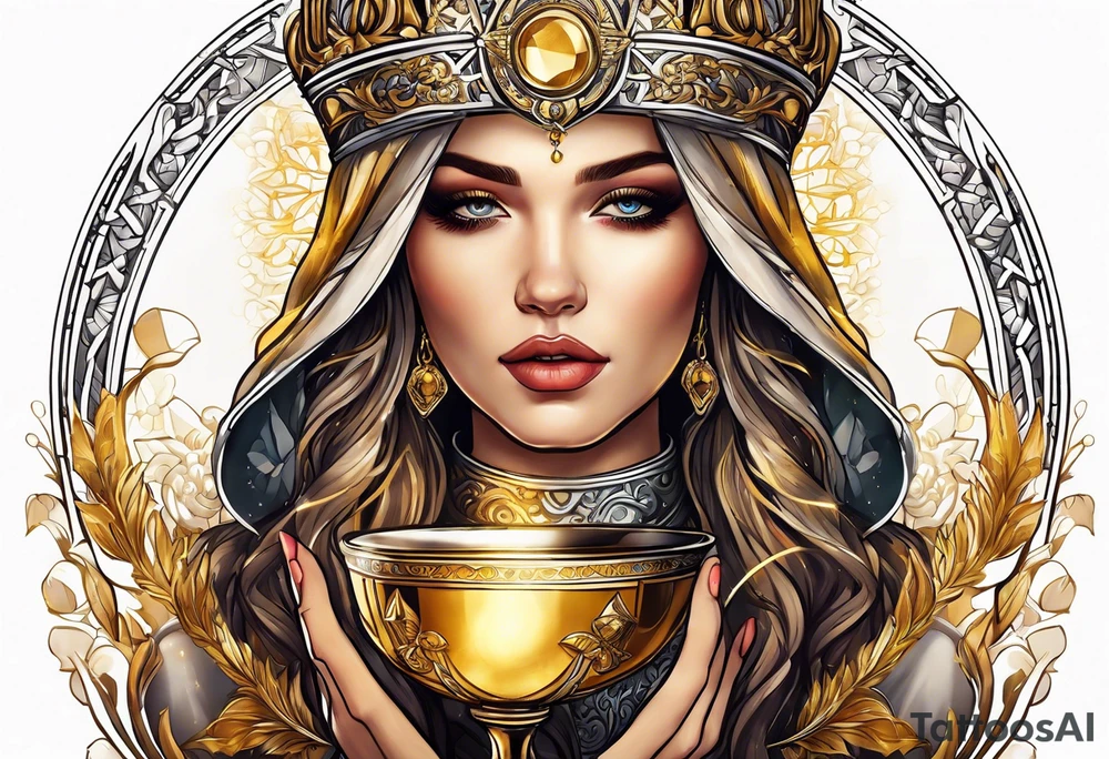 woman holding chalice surrounded by golden halo tattoo idea