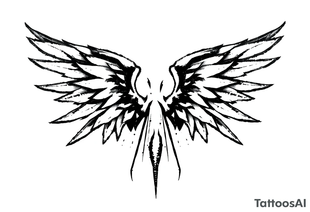 This tattoo design features a pair of stylized wings drawn in black ink with a sketch-like, abstract aesthetic. The wings are composed of sharp, angular feathers with jagged edges, giving them a rough, almost tribal or gothic appearance. The shading is done with a mix of soft gradients and stippling, adding depth and texture to the design. The center where the wings meet is fragmented, with thin lines extending downward, creating a sense of movement and raw energy. This design would make for a bold and edgy tattoo, symbolizing freedom, strength, or a rebellious spirit. tattoo idea