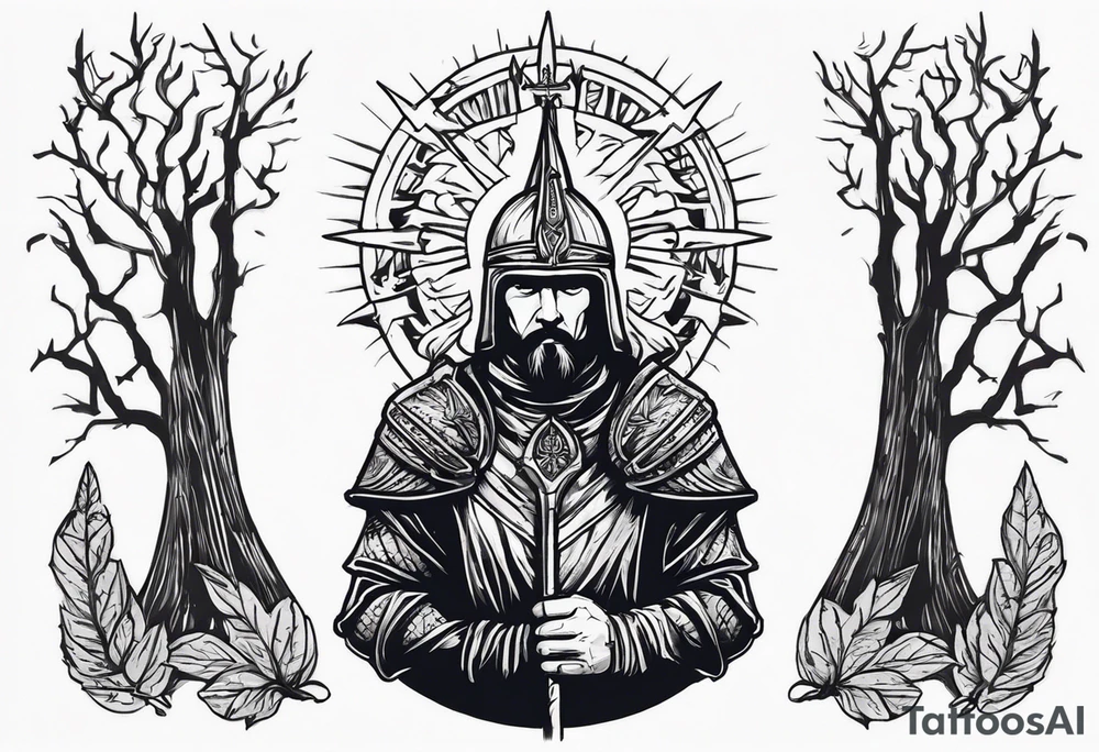 minimalist gothic trees, with an ancient slavic rus soldier wearing a helmet and a spike in hand in the background tattoo idea