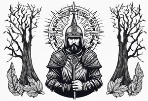 minimalist gothic trees, with an ancient slavic rus soldier wearing a helmet and a spike in hand in the background tattoo idea