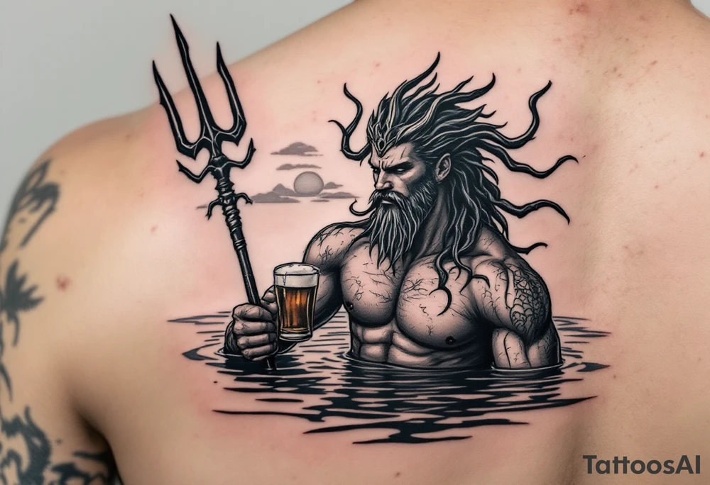 young, sexy, fit poseidon in calm water, holding a trident, drinking a beer, with sunset tattoo idea