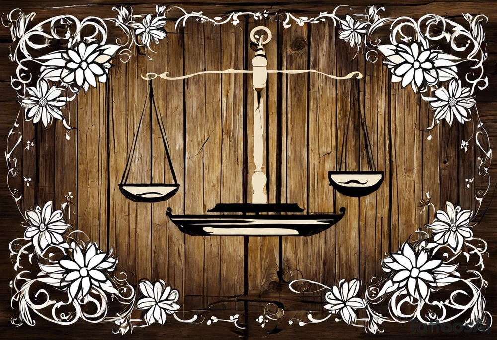 I need you to draw me a old libra scale out of tattered wood. The ends of the cross of wood need to be  broken. I need the bottom to look tattered possible cracks and holes  in wood of scale. I need vines with little white flowers wrapped all the way up the scale across the wood beam. And I want the scale bowls need to be attached by the vines. And I want the two weights of the scale to be wooden as well. They also need to look tattered. The weights need to be fastened on by the vines. I need to make it look like the ends of the vines on both scales is just loosely. I need to incorporate pieces koi fish in beautiful blues greens, and pinks.The fish need to be one on each scale balancing the scale and the tail of the left on, pointing down. the beautiful fish tail fins needs to be covering part of the tattered piece and the fish on the rights tail will be facing unpard with the fin of beauty starting to court the same pic the pieces fish need to be placed in the scale bowls the need to of large size to so theyv  Fill each scale and are persuading out the bowls

Why aren't you adding the pieces fish swimming in opposite directions one on each bowl tattoo idea