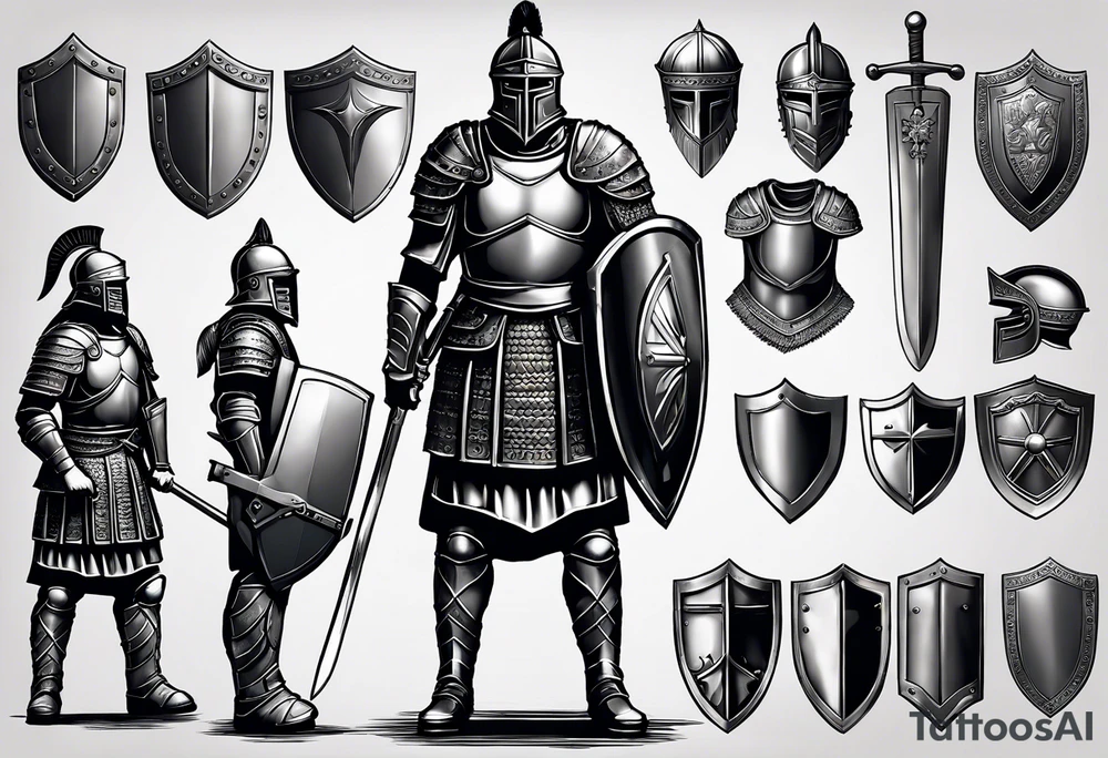 a roman soldier from AD 60, wearing armor which must include an armoured belt, breastplate, armoured shoes, shield, helmet and sword.
the soldier must look strong. the soldier is faceless. The image must include the full person, not just the top half tattoo idea