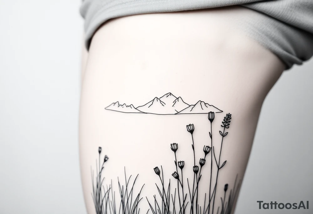 A field with long grass and flowers with mountains in the background tattoo idea