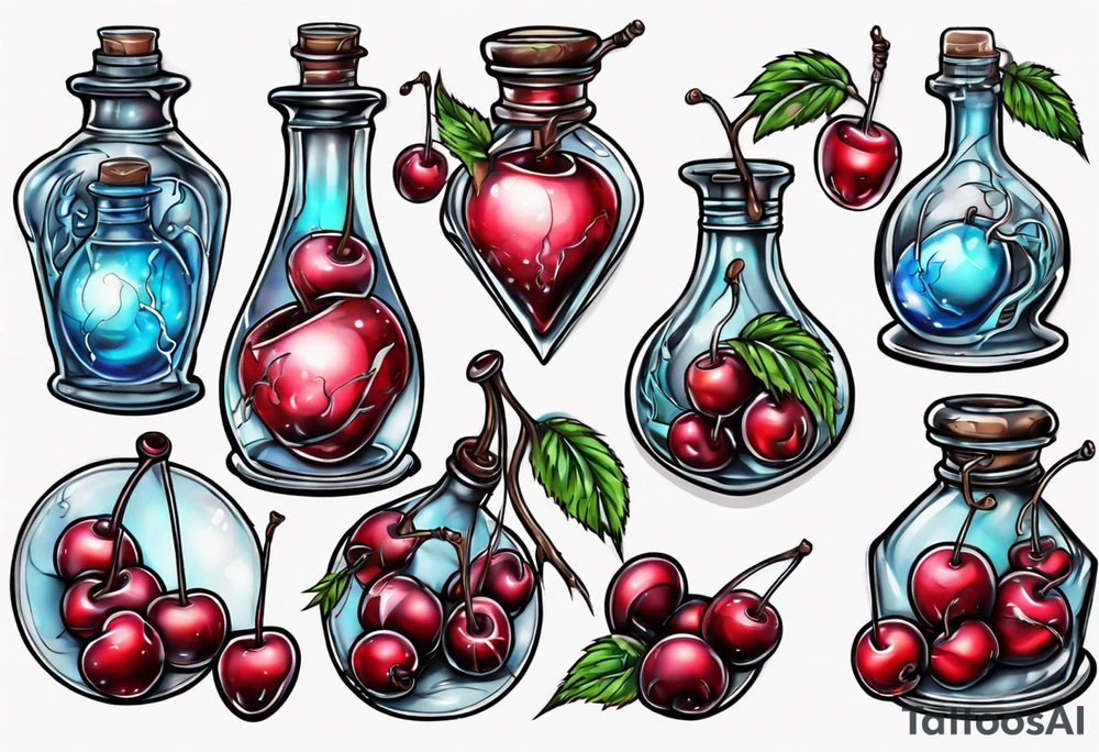 potion bottle with cherries inside tattoo idea