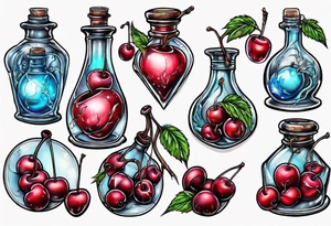 potion bottle with cherries inside tattoo idea