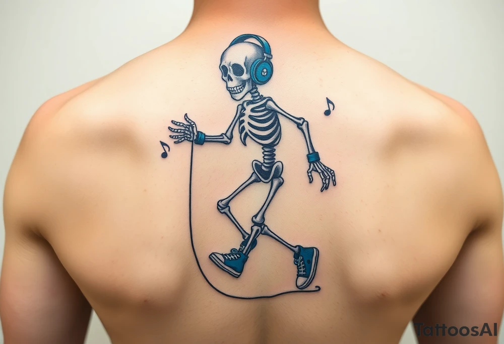 Minimalist funny looking  young skeleton skipping on a jumping rope with blue headphone blue tennis shoes blue arm bands and music notes colorful tattoo idea