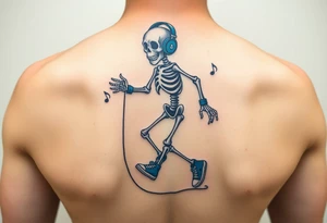 Minimalist funny looking  young skeleton skipping on a jumping rope with blue headphone blue tennis shoes blue arm bands and music notes colorful tattoo idea