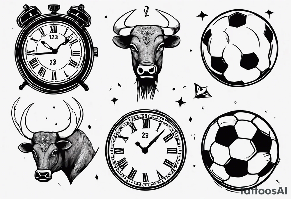 Une horloge avec le numéro 23 dedans , avec un taureau et un ballon de foot tattoo idea