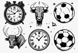 Une horloge avec le numéro 23 dedans , avec un taureau et un ballon de foot tattoo idea